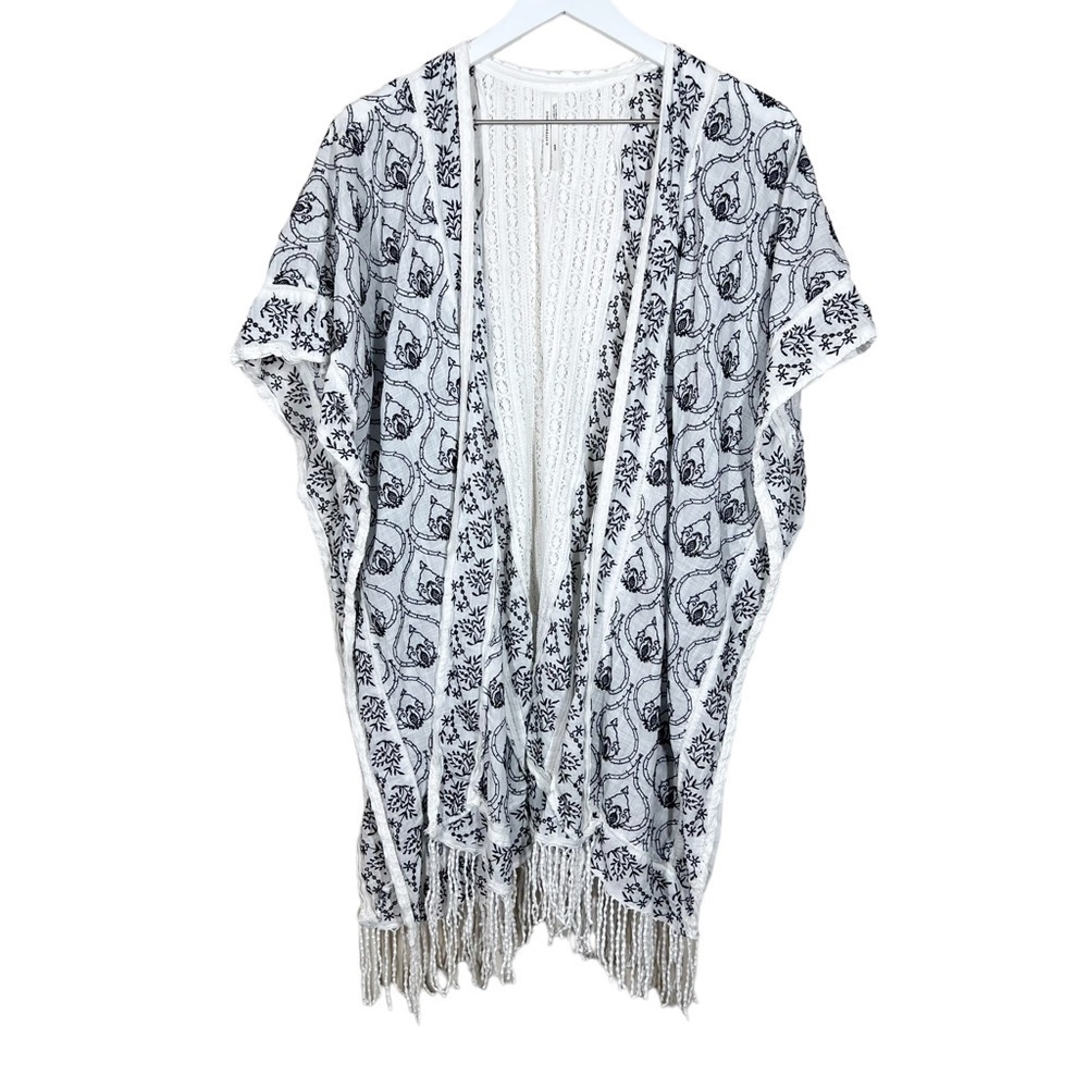 By Anthropologie Womens Black and White Embroidered Fringe Cover-Up XS/S Boho